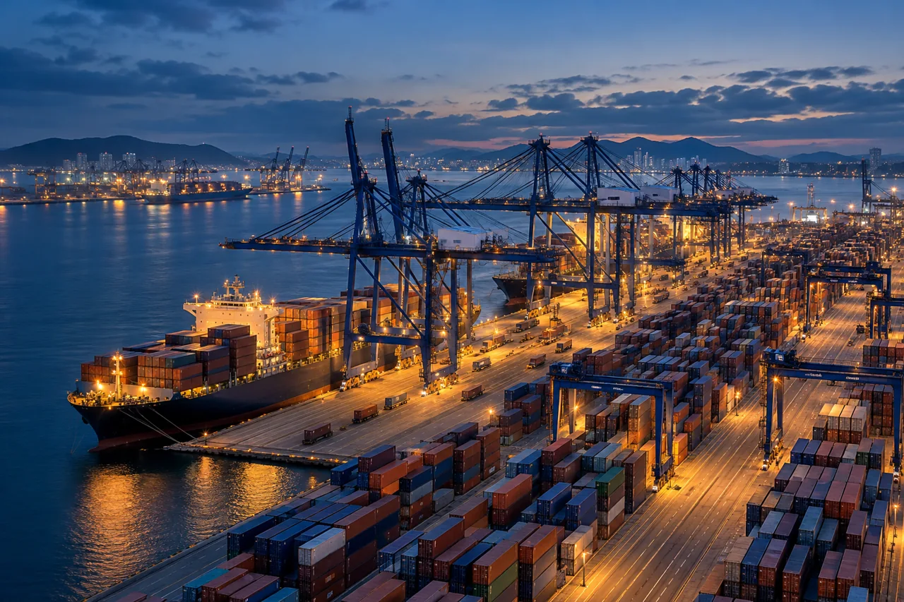 Illustrative view of international port infrastructure at blue hour
