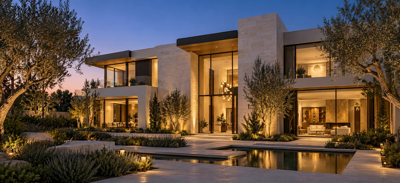 Contemporary luxury custom home with warm stone, expansive glass and evening lighting